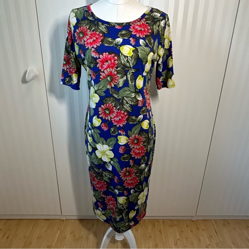 LuLaRoe blue yellow red green floral soft comfy dress Size L